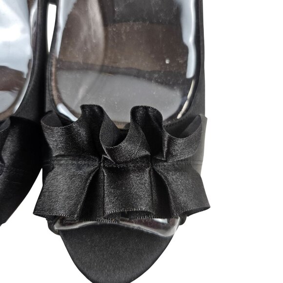 The Touch Of Nina Heels Women Size 8.5 Black Satin Peep Toe Ruffle Leather Sole - Picture 9 of 10